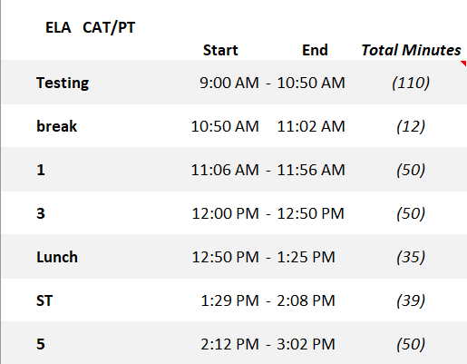 ELA schedule