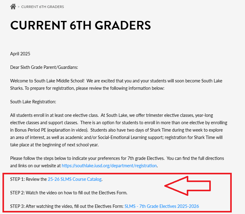 Current 6th Graders page with the Steps 1-3 highlighted